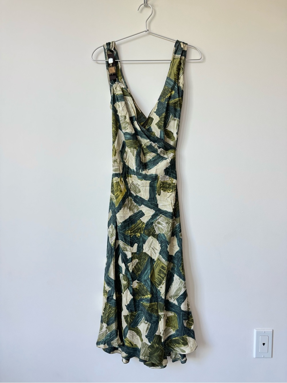 MaxMara 100% Silk Double Layered Green and Cream Abstract Brushstroke Midi Dress